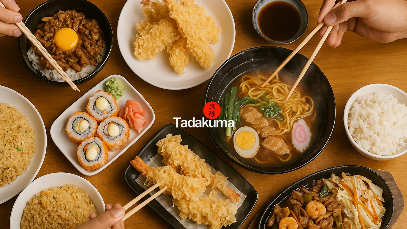 Tadakuma dishes: ramen, tempura, sushi, donburi, and sizzling plates